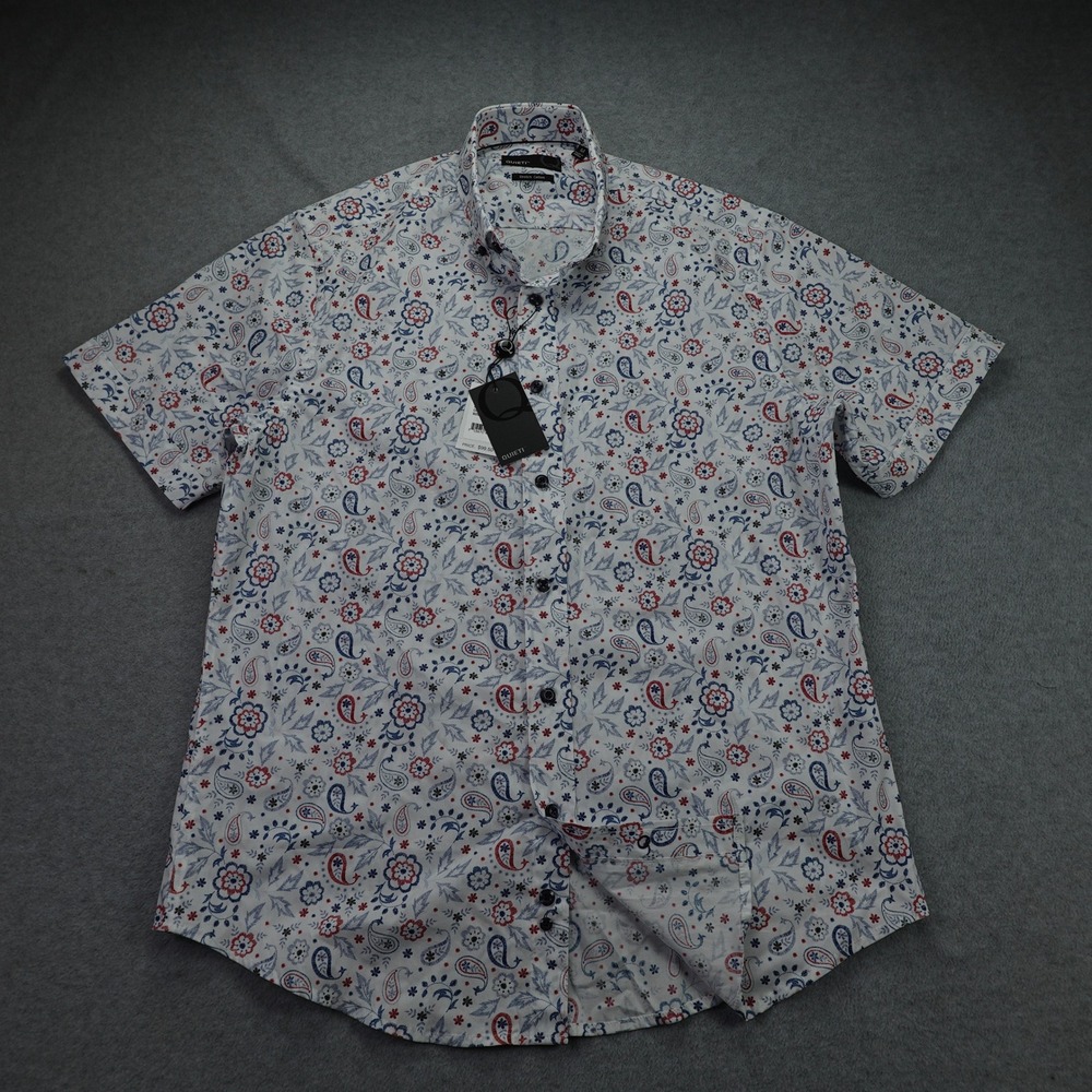 Quieti Shirt Mens Medium White Multi Paisley Stretch Short Sleeve Button Up